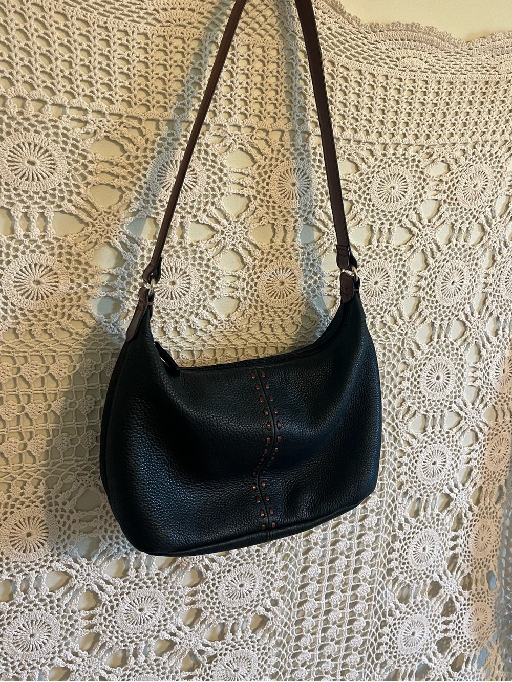 Small Black pebbled leather fossil shoulder bag with brown stitching